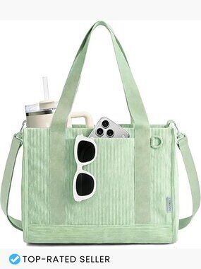 Corduroy Tote Bag with Crossbody Strap Work Tote for Laptop 12L